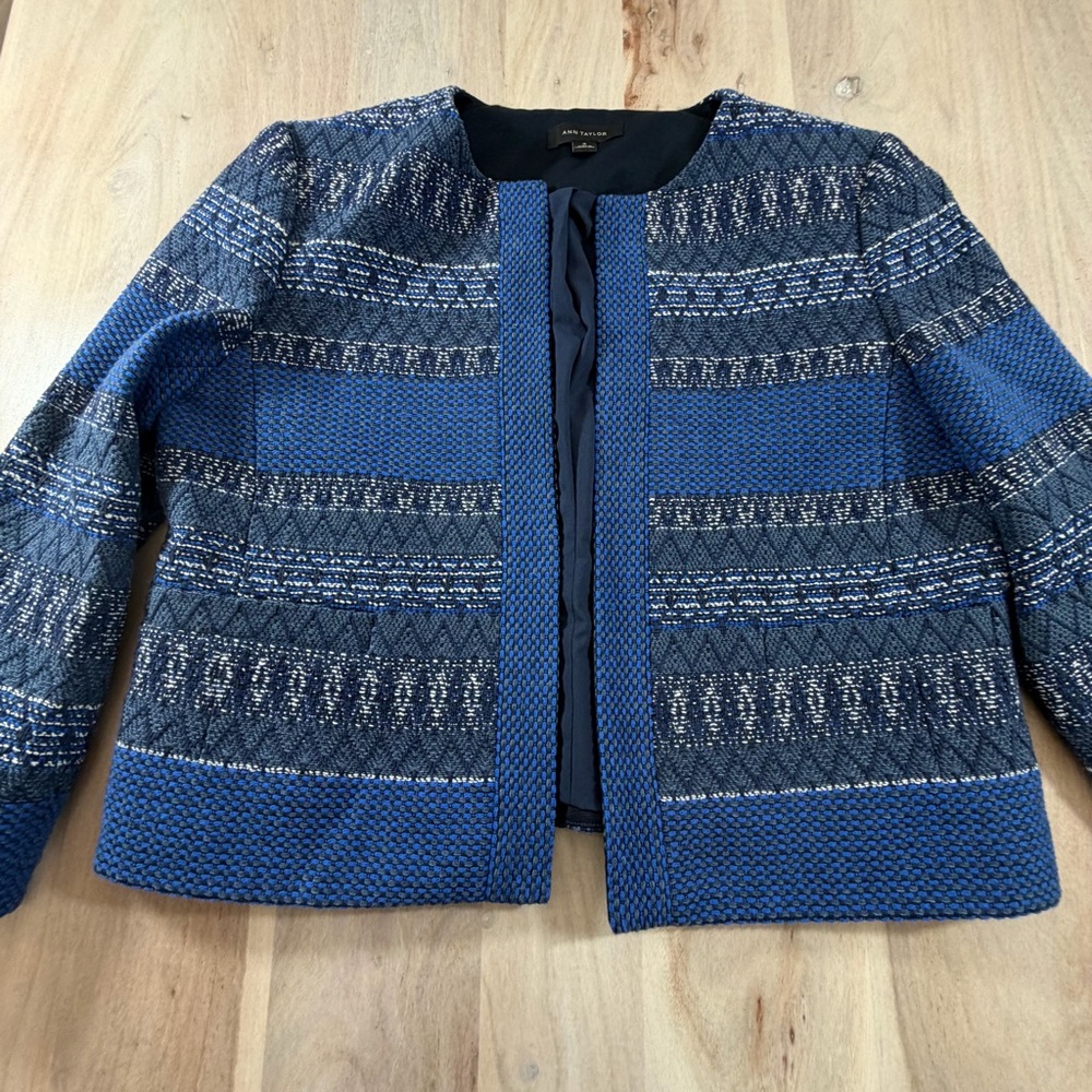 Ann Taylor Striped Tweed Jacket Multi Blue Open Front Blazer Size 12